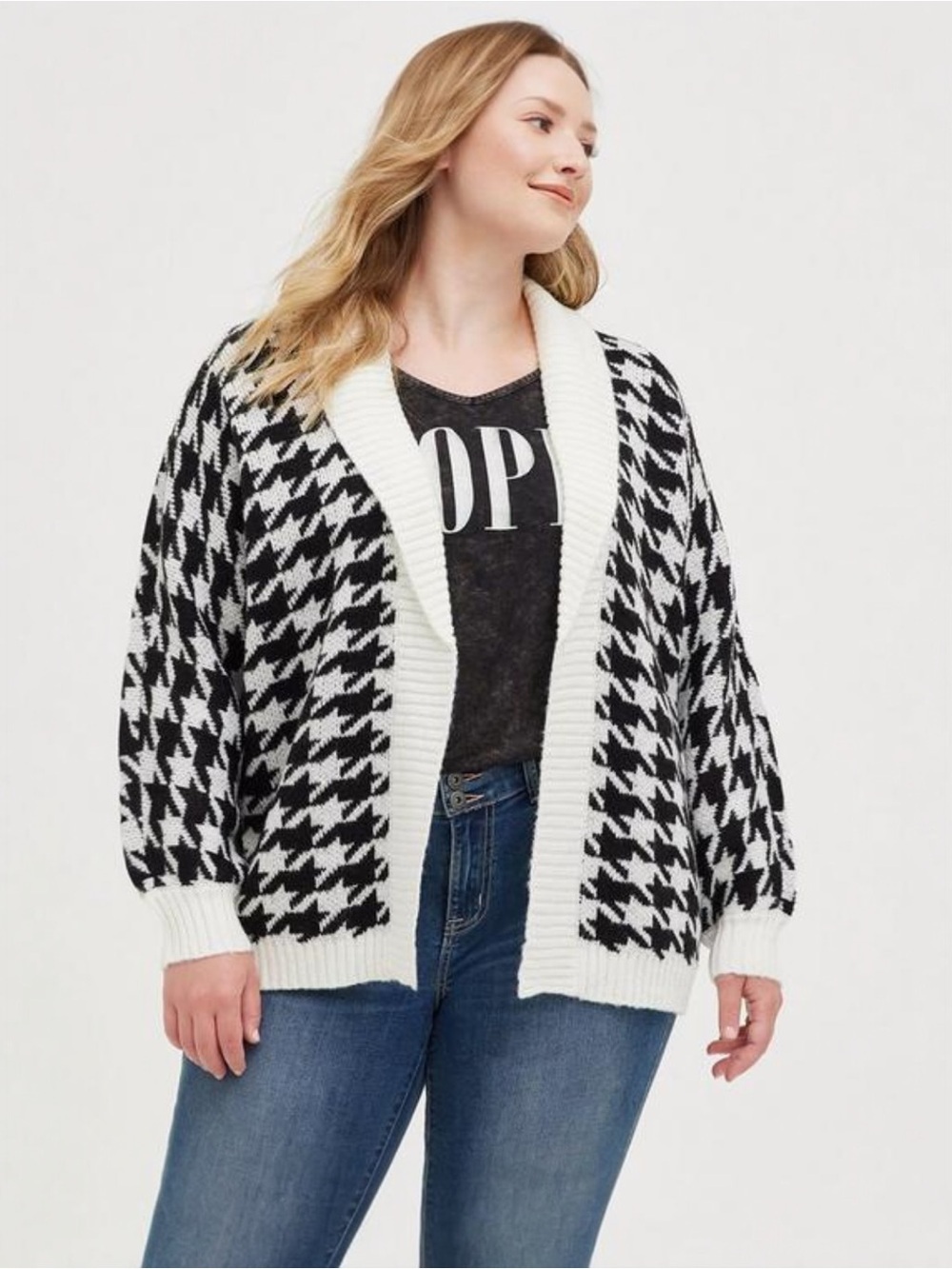 Torrid Houndstooth Shawl Collar Cardigan Sweater Plus Size 1X Black White